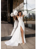 Beaded Ivory Lace Satin Wedding Dress With Detachable Puff Sleeves